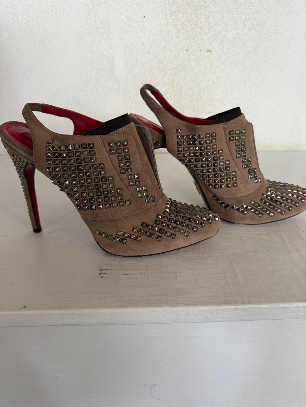 Cesare Paciotti Taupe Suede Studded Slingback Heels with Red Insole